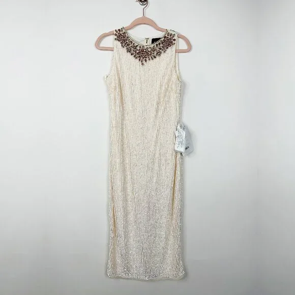 FLAWED - NWT Mac Duggal Fully Sequined Jeweled Dress Porcelain 6 #8463 - Picture 3 of 11